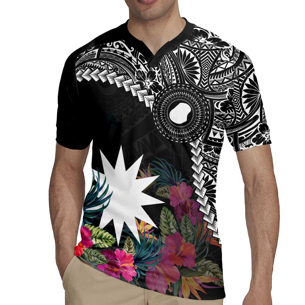 Black Nauru Rugby Jersey Naoero Map With Polynesian Tropical Flowers
