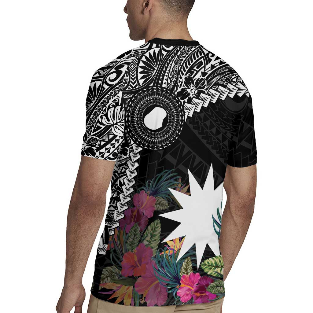 Black Nauru Rugby Jersey Naoero Map With Polynesian Tropical Flowers