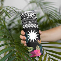 Black Nauru Skinny Tumbler Naoero Map With Polynesian Tropical Flowers