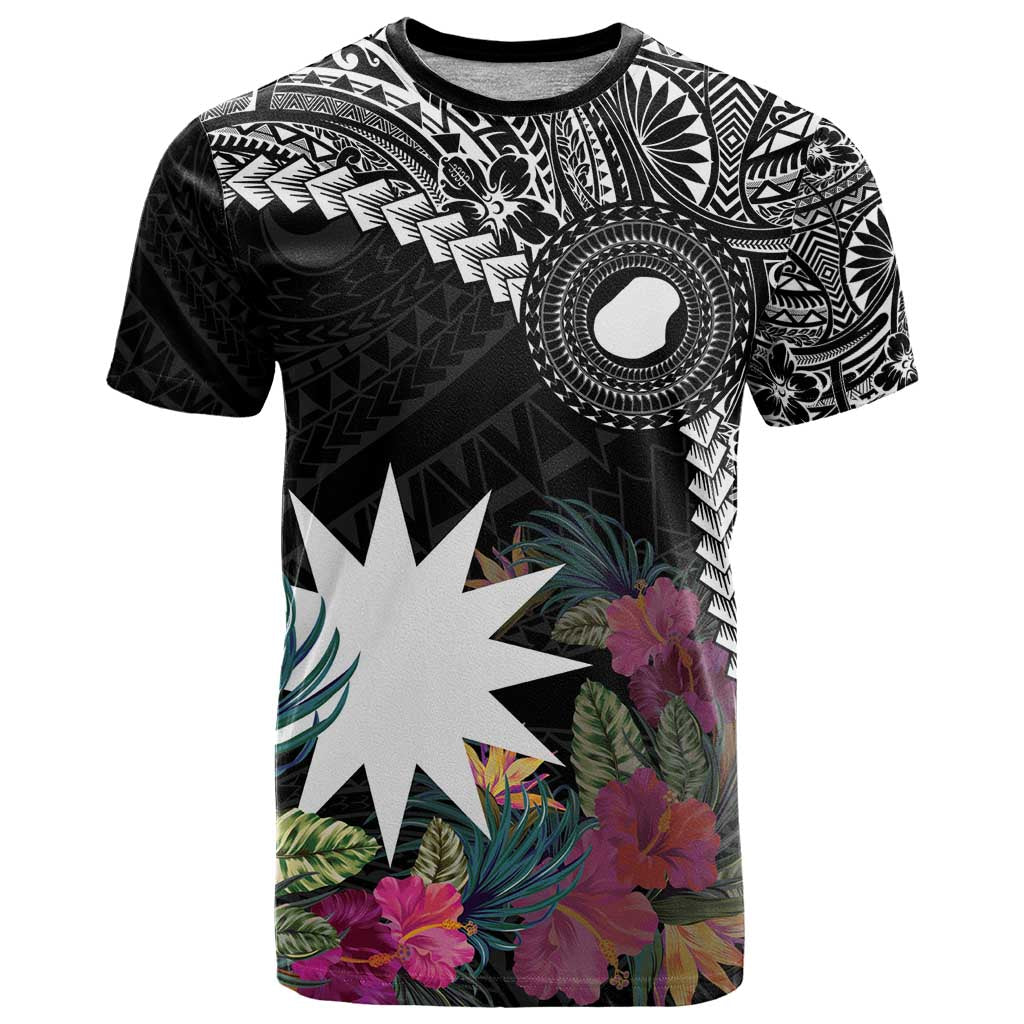 Black Nauru T Shirt Naoero Map With Polynesian Tropical Flowers