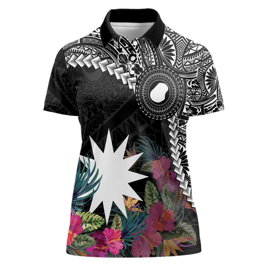 Black Nauru Women Polo Shirt Naoero Map With Polynesian Tropical Flowers