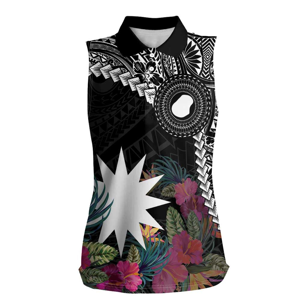 Black Nauru Women Sleeveless Polo Shirt Naoero Map With Polynesian Tropical Flowers
