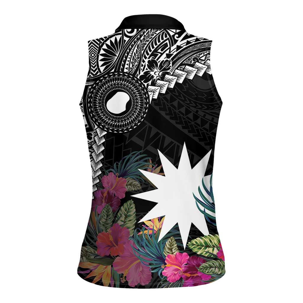 Black Nauru Women Sleeveless Polo Shirt Naoero Map With Polynesian Tropical Flowers