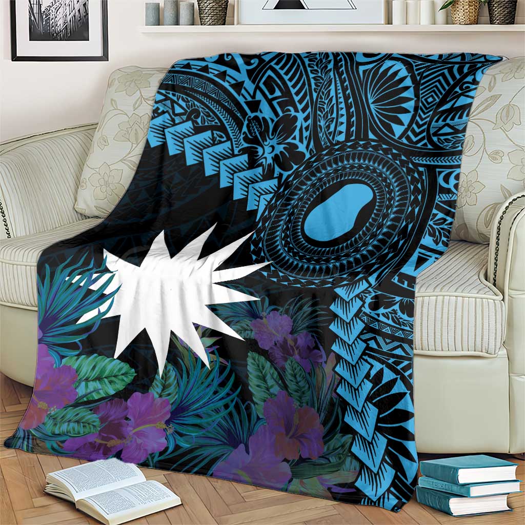 Blue Nauru Blanket Naoero Map With Polynesian Tropical Flowers