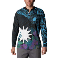 Blue Nauru Button Sweatshirt Naoero Map With Polynesian Tropical Flowers