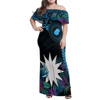 Blue Nauru Family Matching Off Shoulder Maxi Dress and Hawaiian Shirt Naoero Map With Polynesian Tropical Flowers