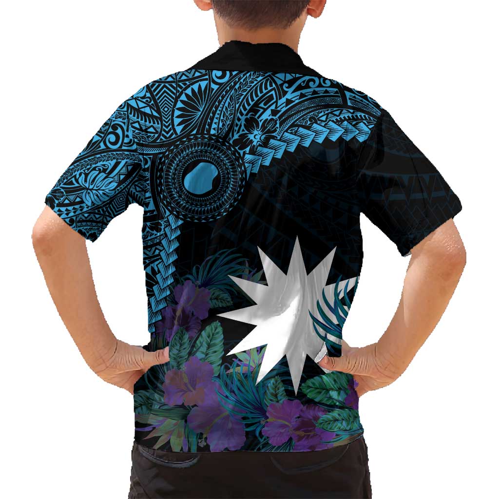 Blue Nauru Family Matching Summer Maxi Dress and Hawaiian Shirt Naoero Map With Polynesian Tropical Flowers