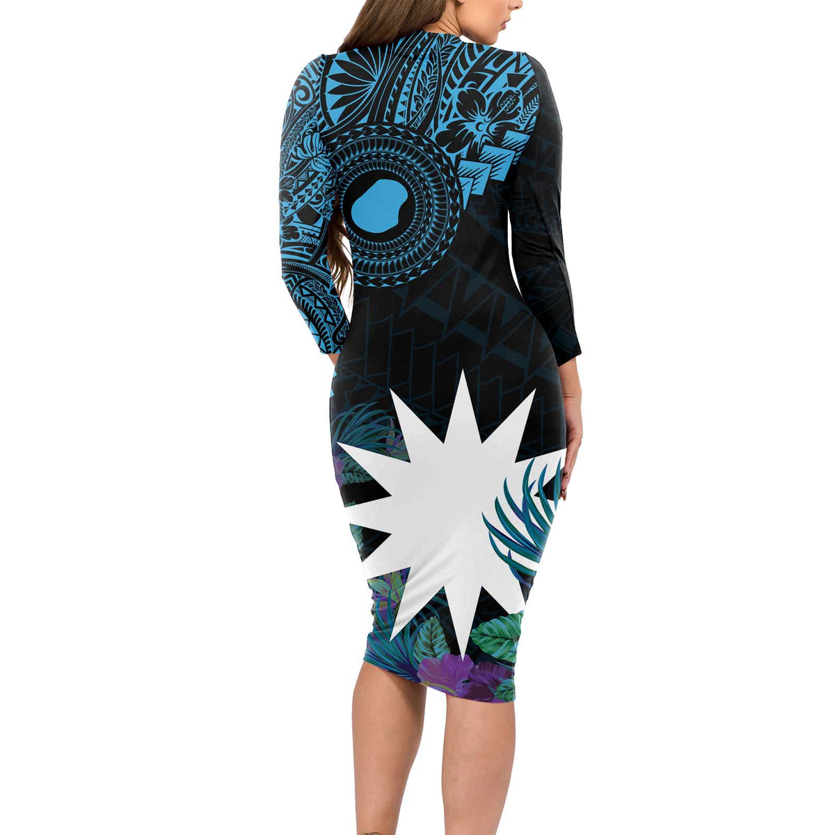 Blue Nauru Long Sleeve Bodycon Dress Naoero Map With Polynesian Tropical Flowers
