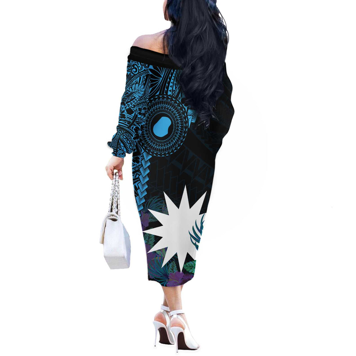 Blue Nauru Off The Shoulder Long Sleeve Dress Naoero Map With Polynesian Tropical Flowers