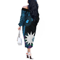 Blue Nauru Off The Shoulder Long Sleeve Dress Naoero Map With Polynesian Tropical Flowers