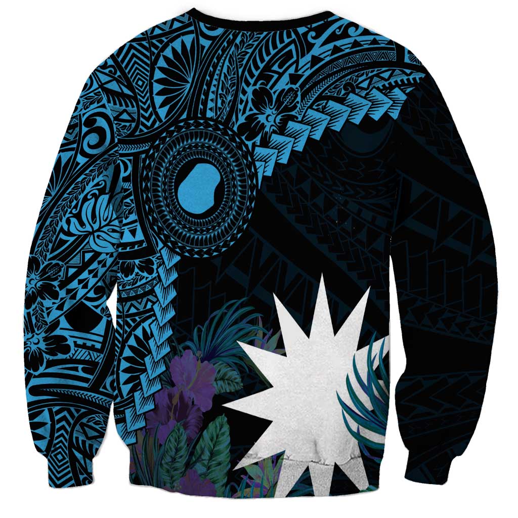 Blue Nauru Sweatshirt Naoero Map With Polynesian Tropical Flowers