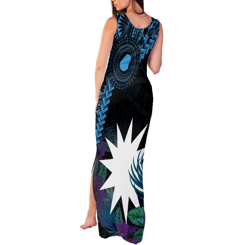 Blue Nauru Tank Maxi Dress Naoero Map With Polynesian Tropical Flowers