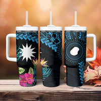 Blue Nauru Tumbler With Handle Naoero Map With Polynesian Tropical Flowers