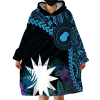 Blue Nauru Wearable Blanket Hoodie Naoero Map With Polynesian Tropical Flowers