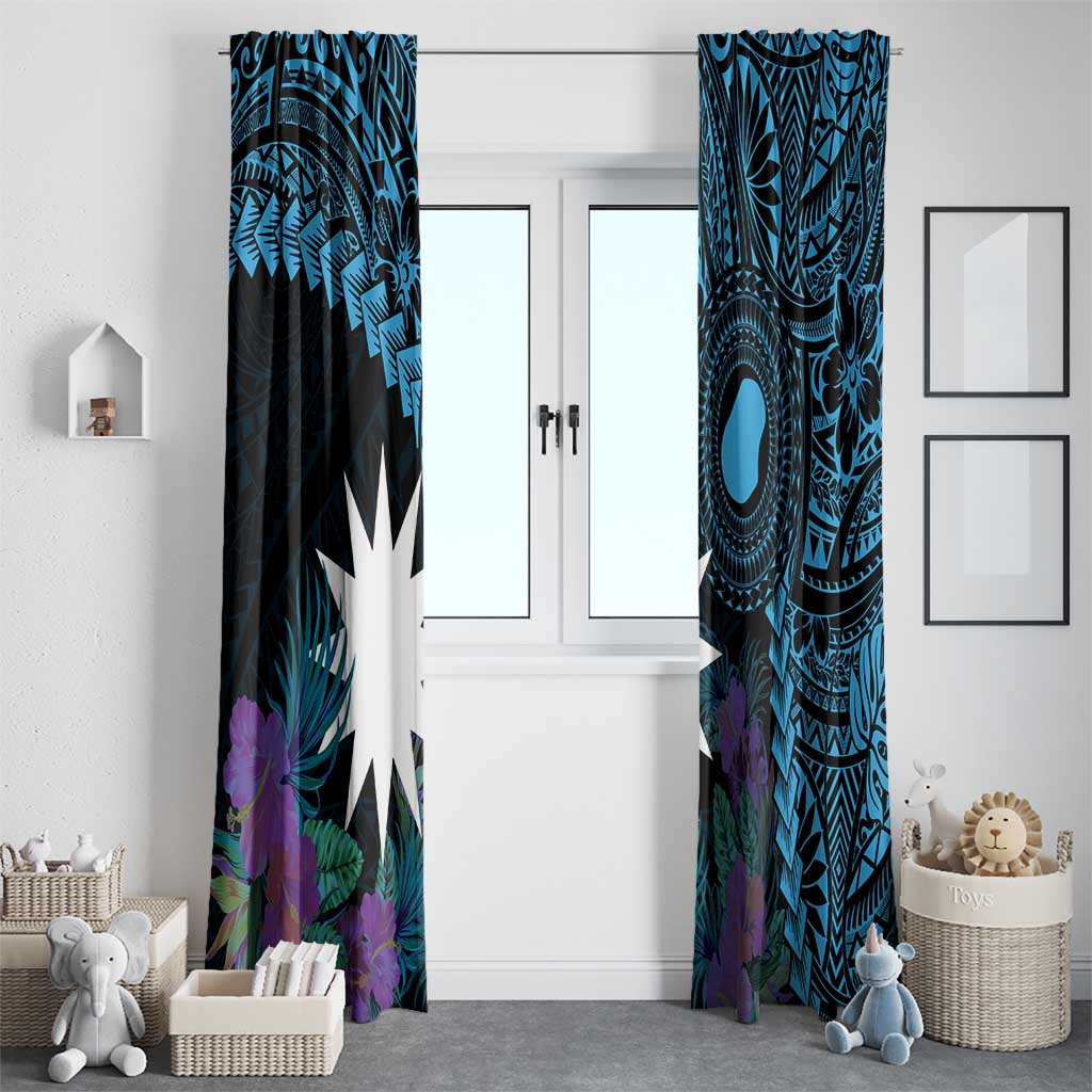 Blue Nauru Window Curtain Naoero Map With Polynesian Tropical Flowers