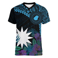 Blue Nauru Women V-Neck T-Shirt Naoero Map With Polynesian Tropical Flowers