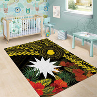 Gold Nauru Area Rug Naoero Map With Polynesian Tropical Flowers
