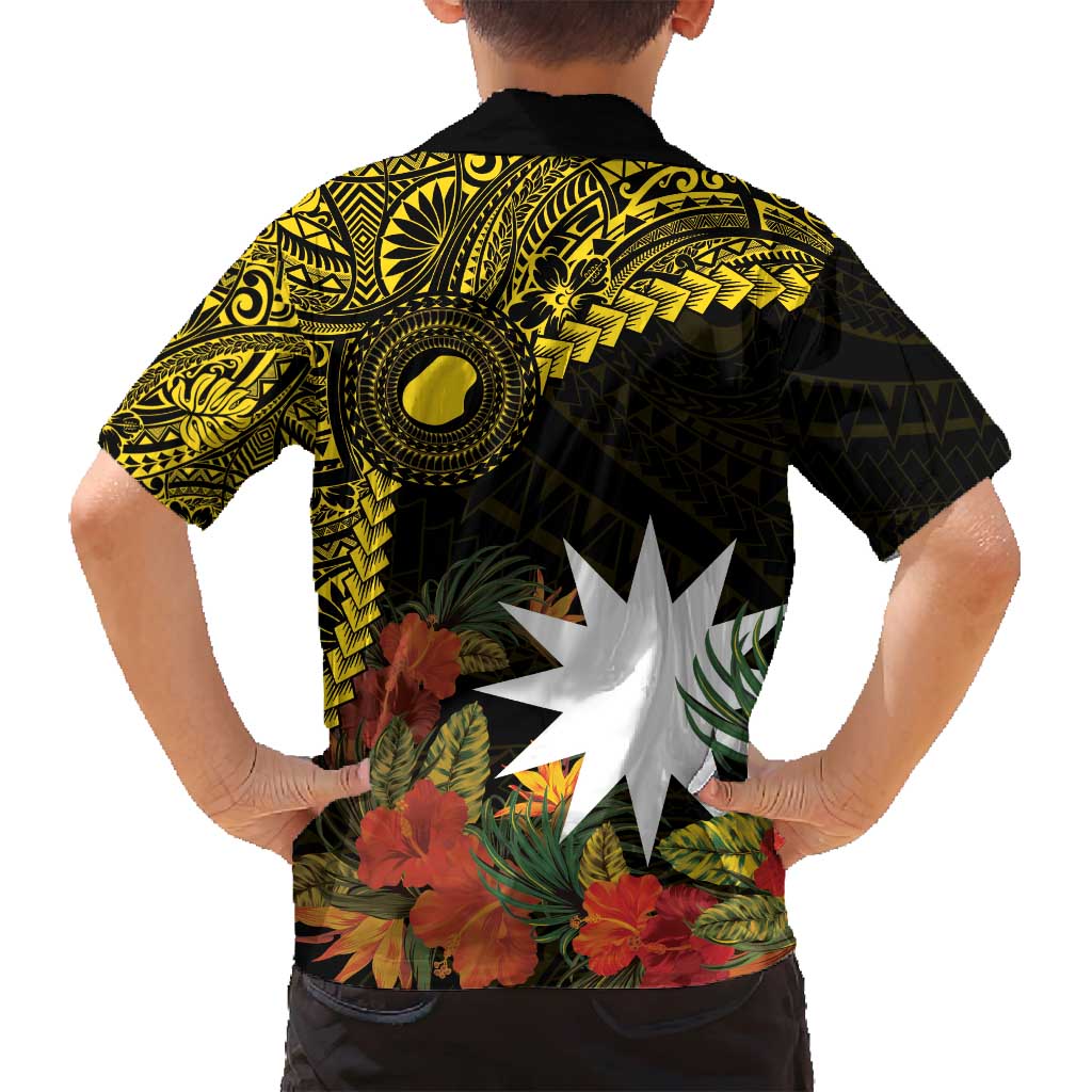 Gold Nauru Family Matching Long Sleeve Bodycon Dress and Hawaiian Shirt Naoero Map With Polynesian Tropical Flowers
