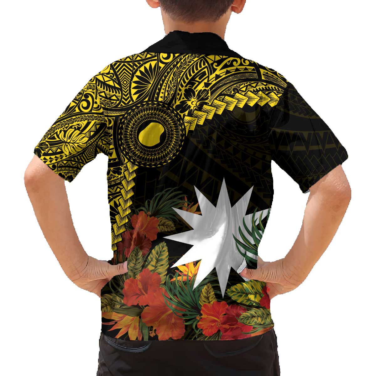 Gold Nauru Family Matching Off Shoulder Short Dress and Hawaiian Shirt Naoero Map With Polynesian Tropical Flowers LT14 - Polynesian Pride