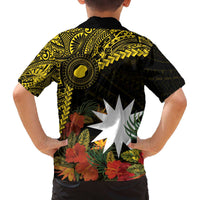 Gold Nauru Family Matching Off Shoulder Short Dress and Hawaiian Shirt Naoero Map With Polynesian Tropical Flowers LT14 - Polynesian Pride