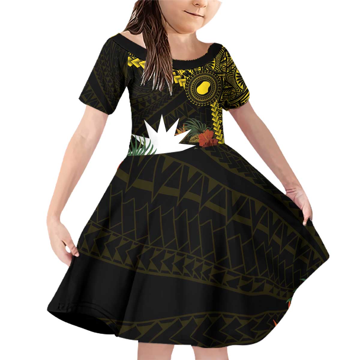Gold Nauru Family Matching Off Shoulder Short Dress and Hawaiian Shirt Naoero Map With Polynesian Tropical Flowers LT14 Daughter's Dress Gold - Polynesian Pride