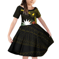 Gold Nauru Family Matching Off Shoulder Short Dress and Hawaiian Shirt Naoero Map With Polynesian Tropical Flowers LT14 Daughter's Dress Gold - Polynesian Pride