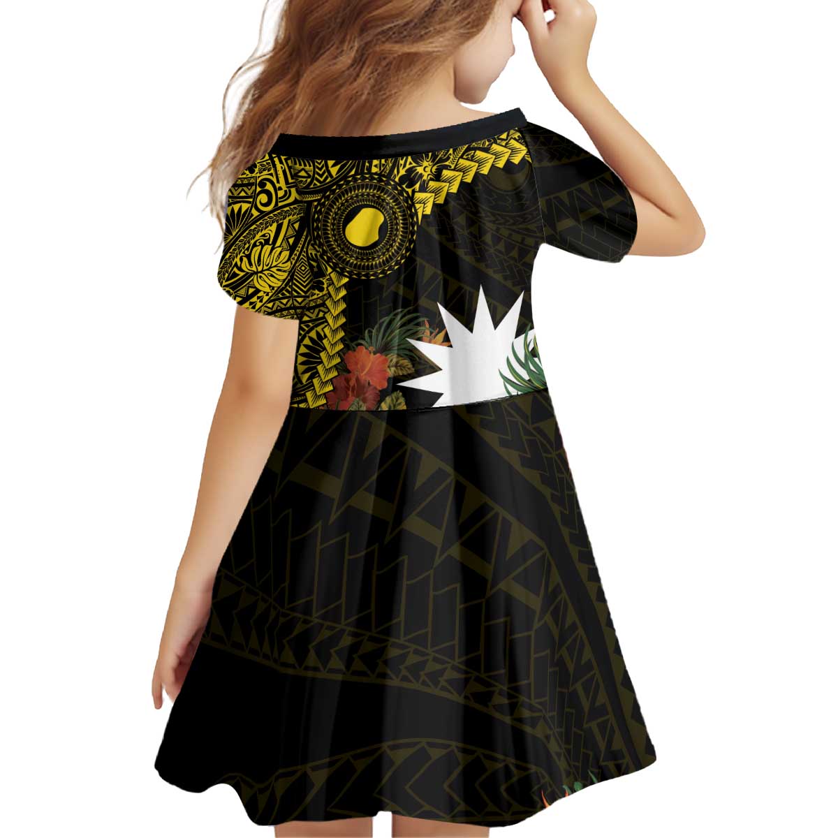 Gold Nauru Family Matching Off Shoulder Short Dress and Hawaiian Shirt Naoero Map With Polynesian Tropical Flowers LT14 - Polynesian Pride
