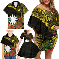 Gold Nauru Family Matching Off Shoulder Short Dress and Hawaiian Shirt Naoero Map With Polynesian Tropical Flowers LT14 - Polynesian Pride