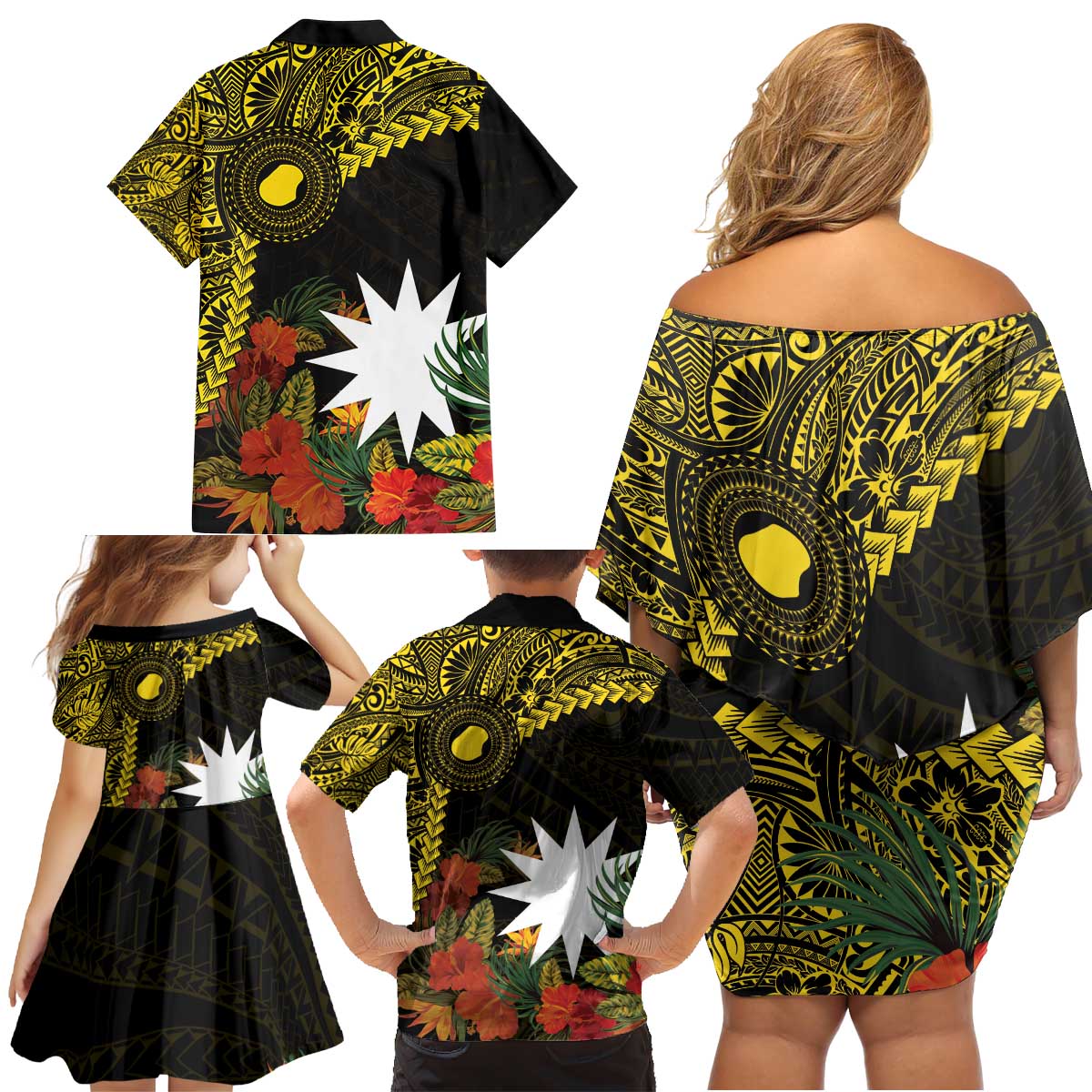 Gold Nauru Family Matching Off Shoulder Short Dress and Hawaiian Shirt Naoero Map With Polynesian Tropical Flowers LT14 - Polynesian Pride