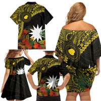 Gold Nauru Family Matching Off Shoulder Short Dress and Hawaiian Shirt Naoero Map With Polynesian Tropical Flowers LT14 - Polynesian Pride