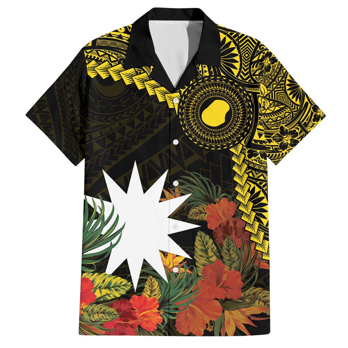 Gold Nauru Family Matching Off Shoulder Short Dress and Hawaiian Shirt Naoero Map With Polynesian Tropical Flowers LT14 Dad's Shirt - Short Sleeve Gold - Polynesian Pride
