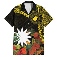 Gold Nauru Family Matching Off Shoulder Short Dress and Hawaiian Shirt Naoero Map With Polynesian Tropical Flowers LT14 Dad's Shirt - Short Sleeve Gold - Polynesian Pride