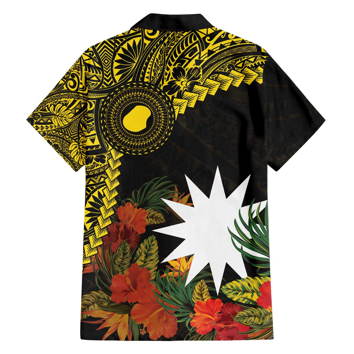Gold Nauru Family Matching Off Shoulder Short Dress and Hawaiian Shirt Naoero Map With Polynesian Tropical Flowers LT14 - Polynesian Pride