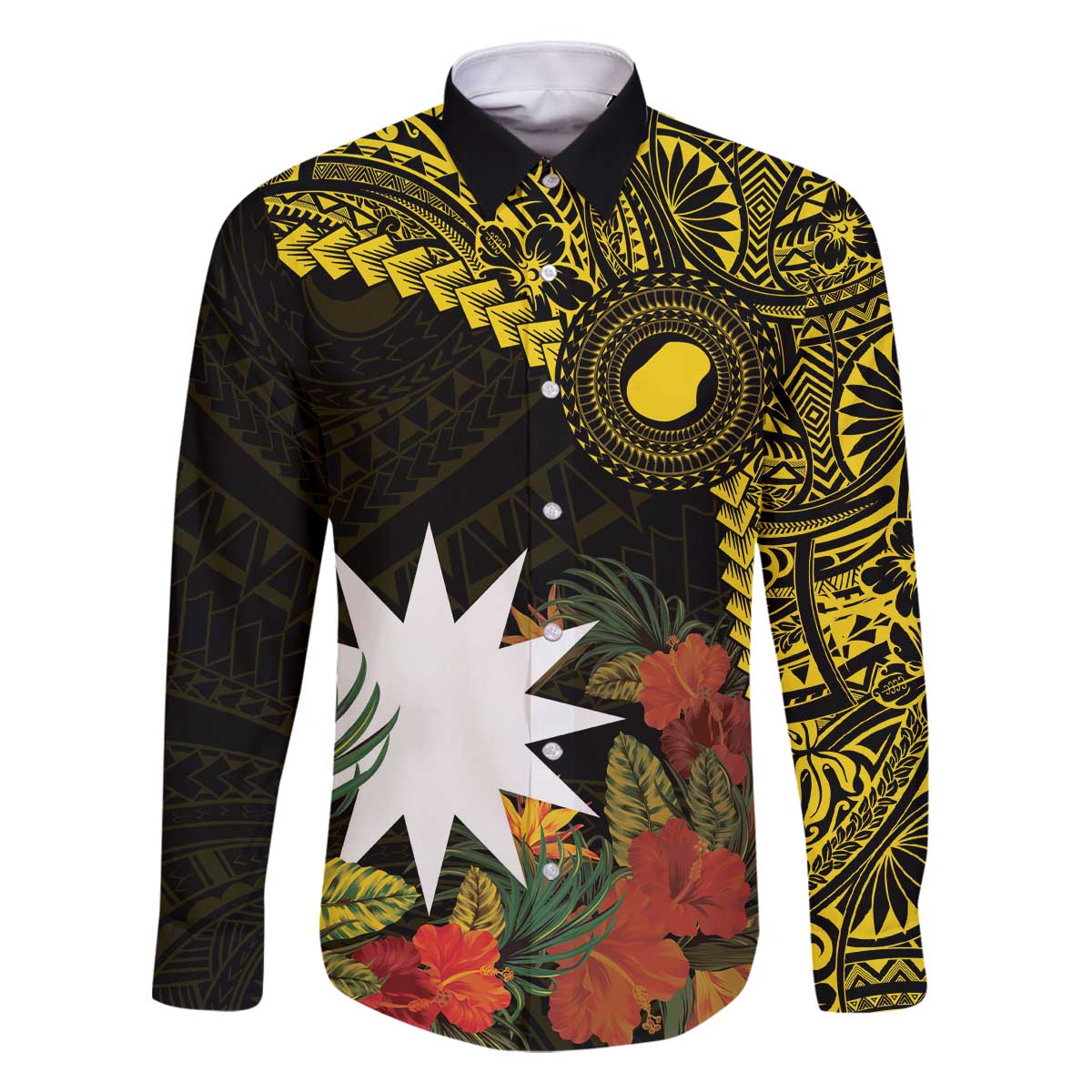 Gold Nauru Family Matching Off Shoulder Short Dress and Hawaiian Shirt Naoero Map With Polynesian Tropical Flowers LT14 Dad's Shirt - Long Sleeve Gold - Polynesian Pride