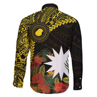 Gold Nauru Family Matching Off Shoulder Short Dress and Hawaiian Shirt Naoero Map With Polynesian Tropical Flowers LT14 - Polynesian Pride