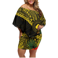 Gold Nauru Family Matching Off Shoulder Short Dress and Hawaiian Shirt Naoero Map With Polynesian Tropical Flowers LT14 Mom's Dress Gold - Polynesian Pride