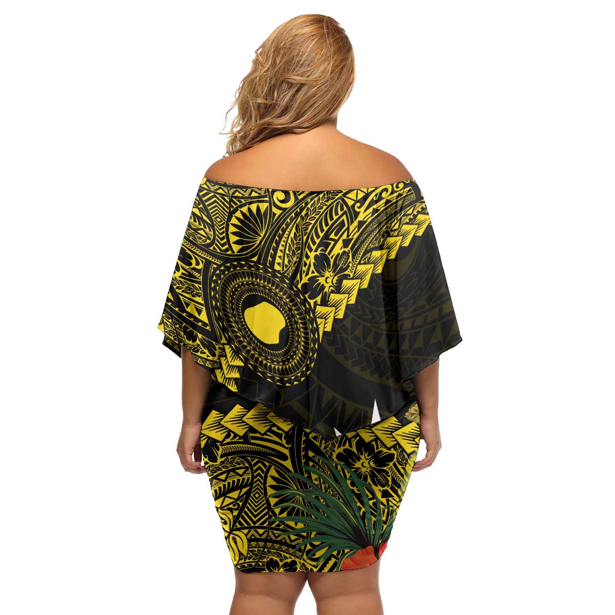 Gold Nauru Family Matching Off Shoulder Short Dress and Hawaiian Shirt Naoero Map With Polynesian Tropical Flowers LT14 - Polynesian Pride