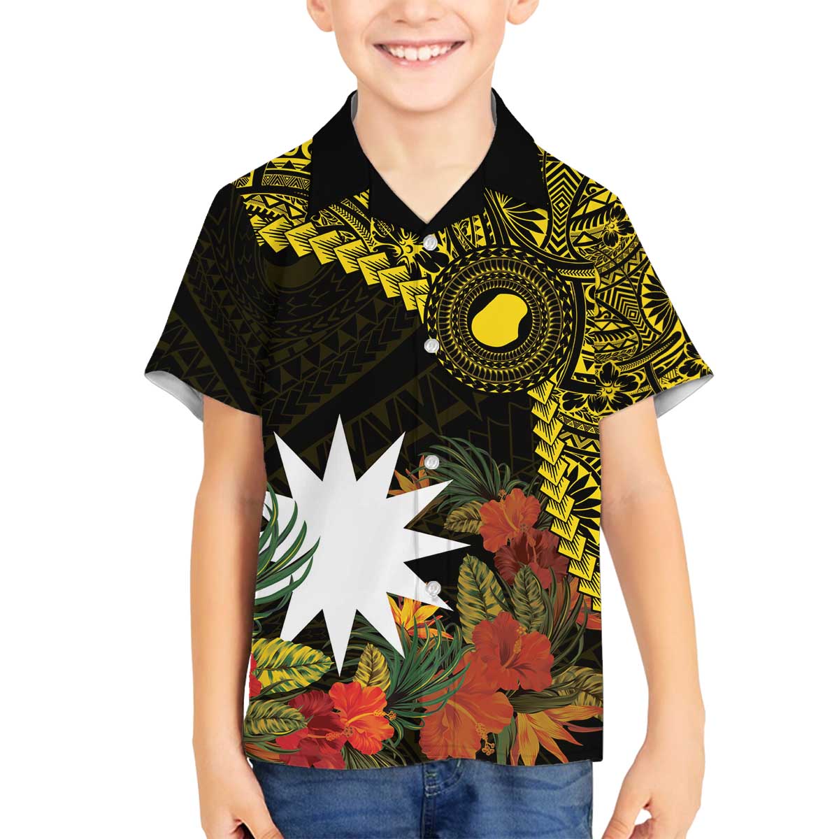 Gold Nauru Family Matching Off Shoulder Short Dress and Hawaiian Shirt Naoero Map With Polynesian Tropical Flowers LT14 Son's Shirt Gold - Polynesian Pride
