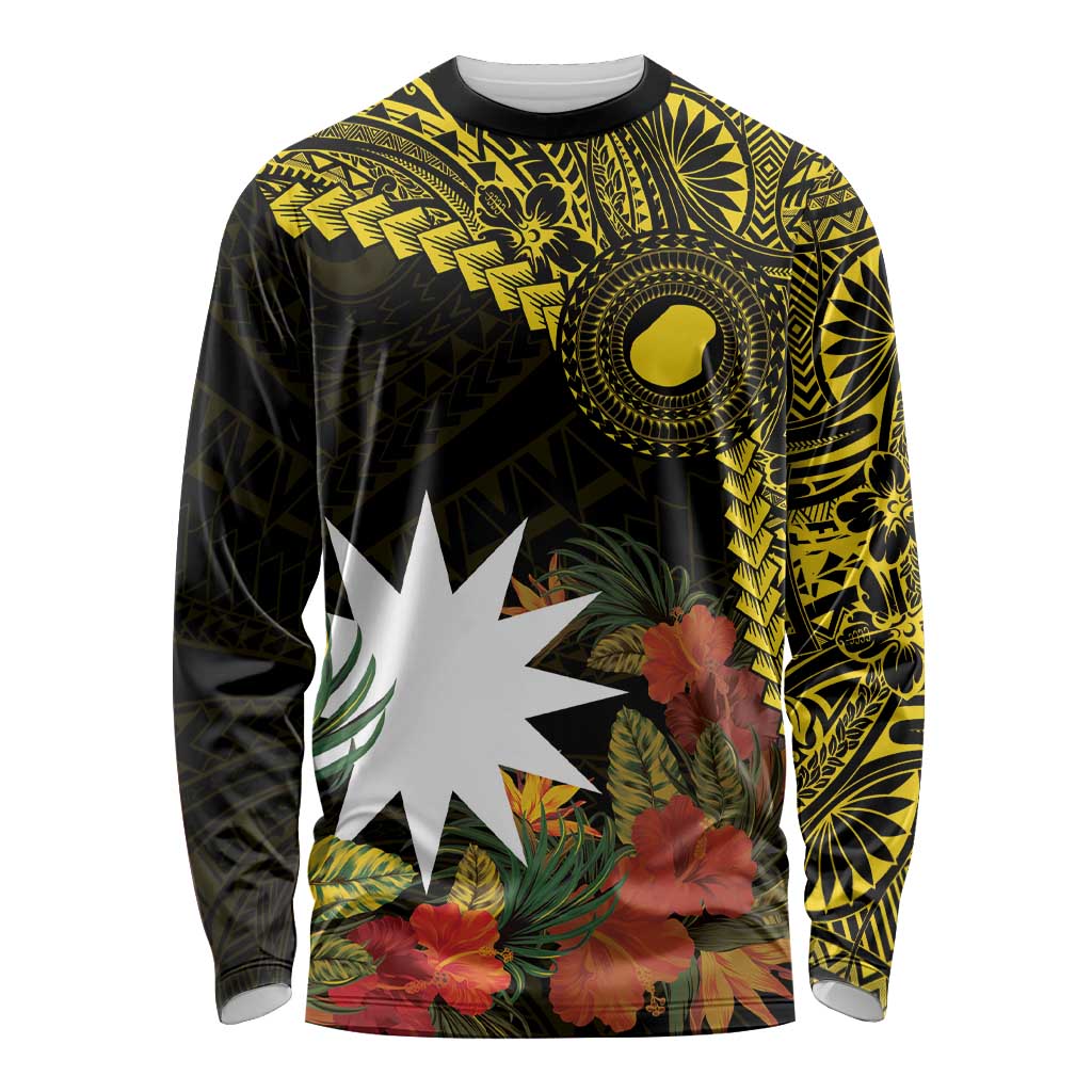 Gold Nauru Long Sleeve Shirt Naoero Map With Polynesian Tropical Flowers