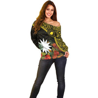 Gold Nauru Off Shoulder Sweater Naoero Map With Polynesian Tropical Flowers