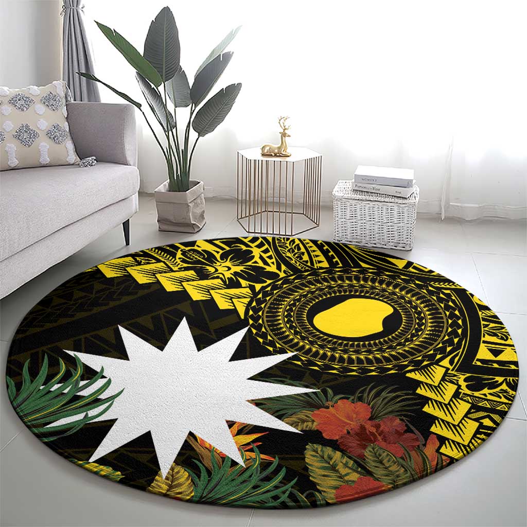 Gold Nauru Round Carpet Naoero Map With Polynesian Tropical Flowers
