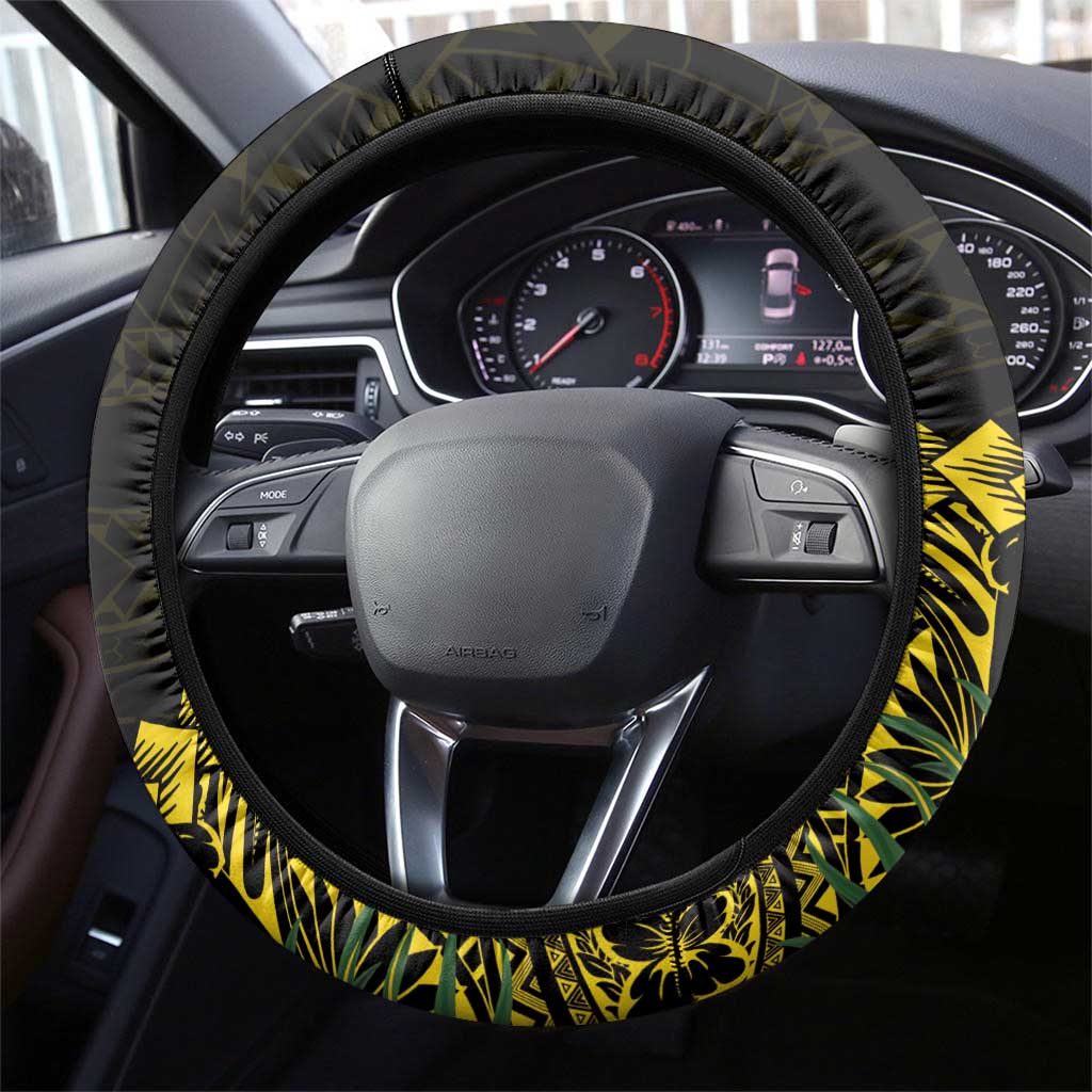 Gold Nauru Steering Wheel Cover Naoero Map With Polynesian Tropical Flowers