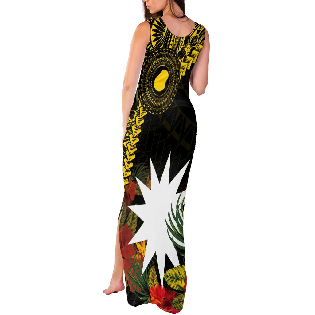 Gold Nauru Tank Maxi Dress Naoero Map With Polynesian Tropical Flowers