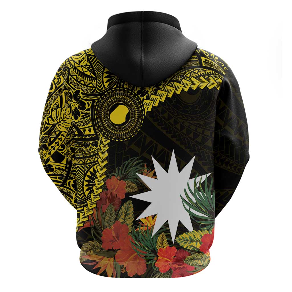 Gold Nauru Zip Hoodie Naoero Map With Polynesian Tropical Flowers