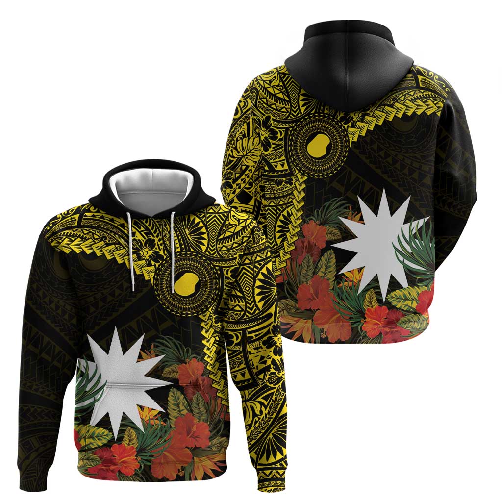 Gold Nauru Zip Hoodie Naoero Map With Polynesian Tropical Flowers