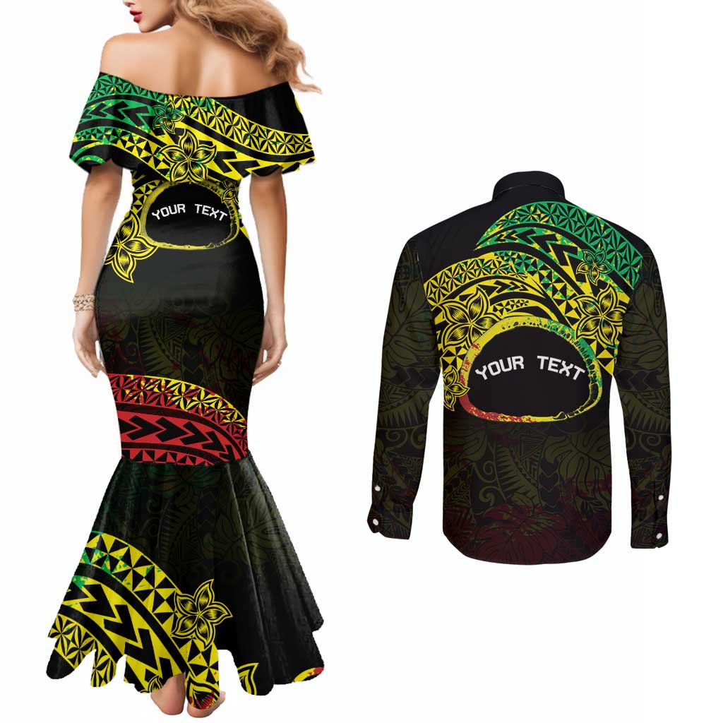 Personalised Nukuoro Atoll Couples Matching Mermaid Dress and Long Sleeve Button Shirt Polynesian Tattoo Curves Reggae Version LT14 - Polynesian Pride