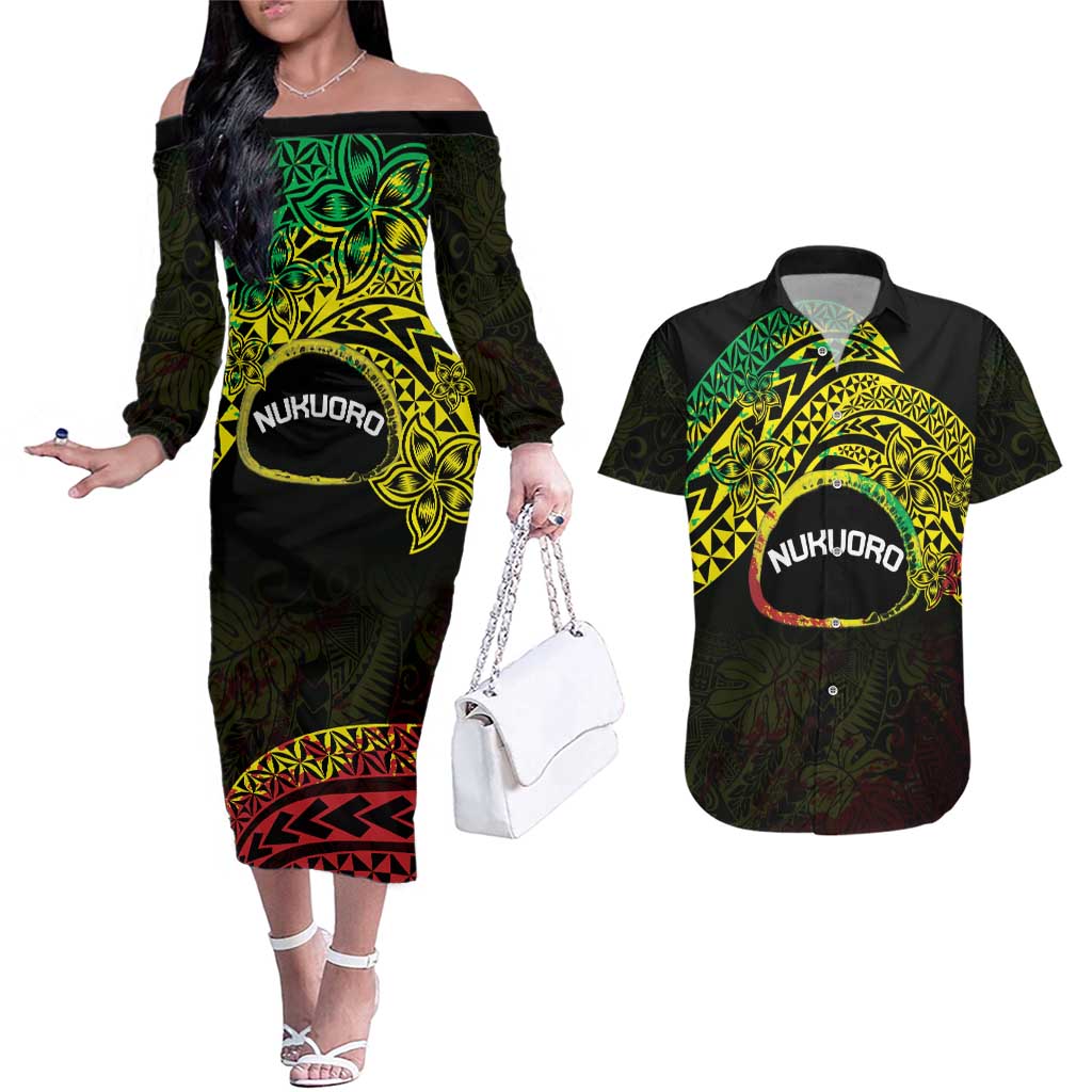 Personalised Nukuoro Atoll Couples Matching Off The Shoulder Long Sleeve Dress and Hawaiian Shirt Polynesian Tattoo Curves Reggae Version