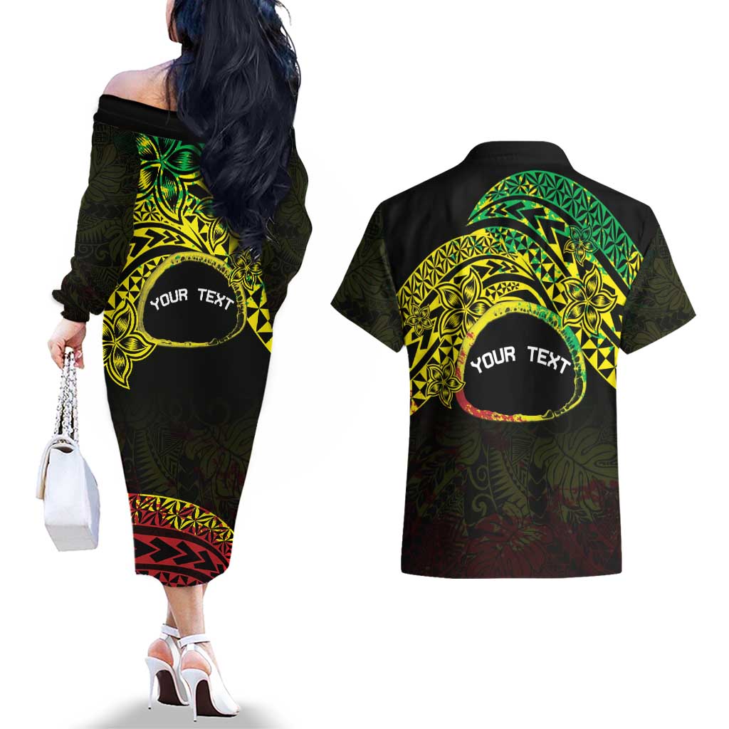 Personalised Nukuoro Atoll Couples Matching Off The Shoulder Long Sleeve Dress and Hawaiian Shirt Polynesian Tattoo Curves Reggae Version