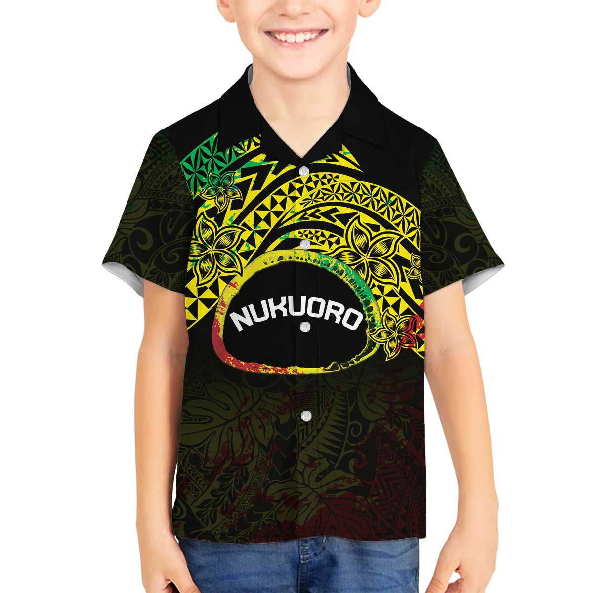 Personalised Nukuoro Atoll Family Matching Off The Shoulder Long Sleeve Dress and Hawaiian Shirt Polynesian Tattoo Curves Reggae Version