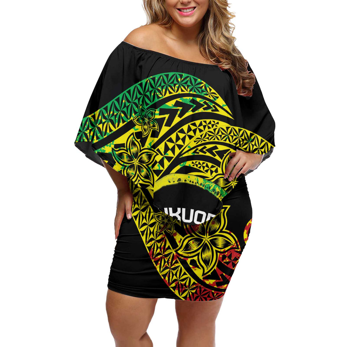 Personalised Nukuoro Atoll Off Shoulder Short Dress Polynesian Tattoo Curves Reggae Version LT14 Women Reggae - Polynesian Pride